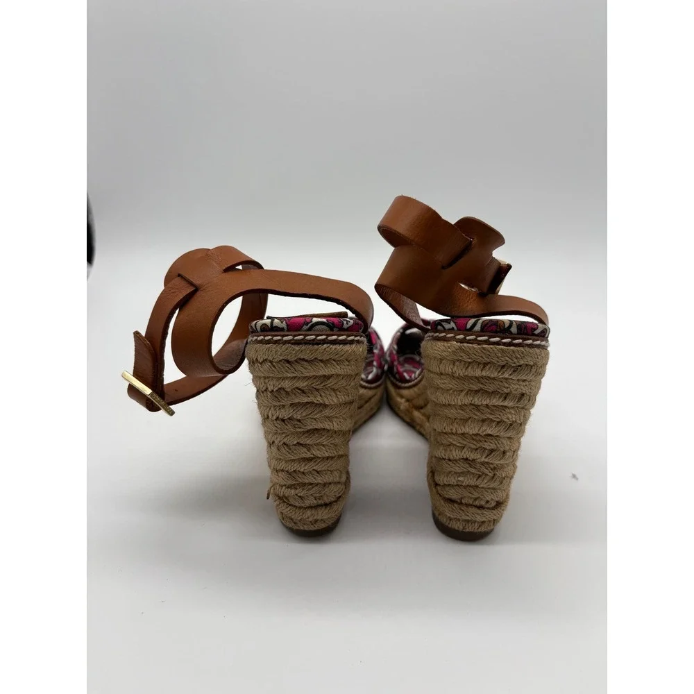 Tory Burch Espadrille Wedge Sandals Womens 8B Pink Tan Good Leather Canvas Spain